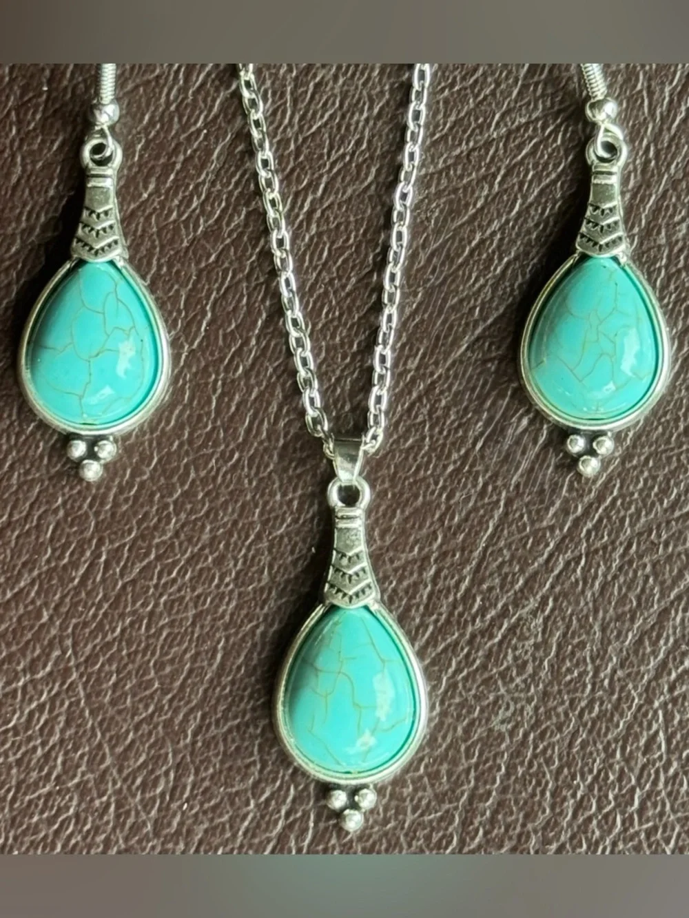 ❤️ 2/$20 Turquoise Teardrop Pendant Necklace Earrings Set Women Jewelry Silver - Picture 2 of 2